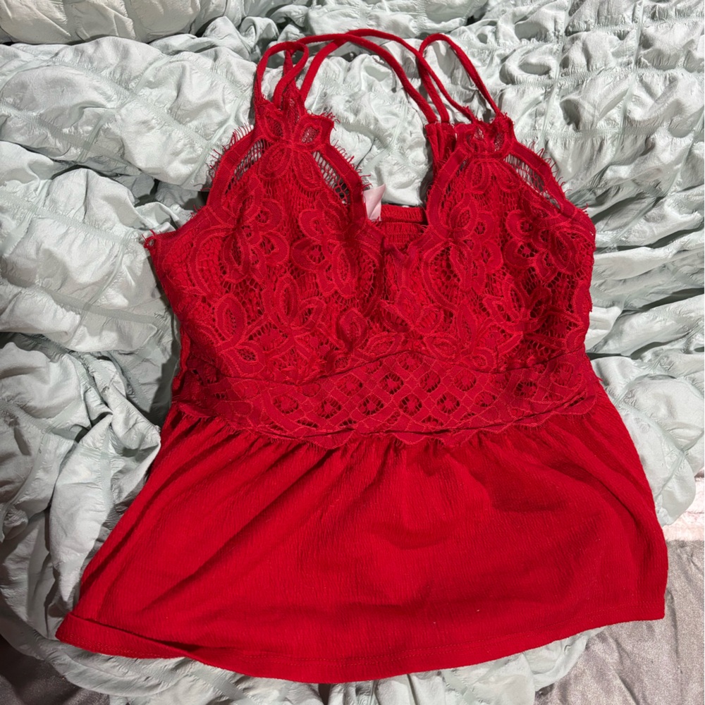 Red Lace Trim Tank Top with Strappy Detail